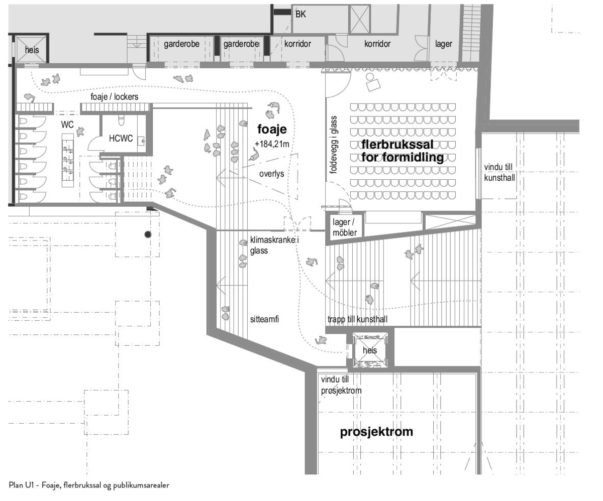 Skisse plan U1 med foaje, flerbrukssal og publikumsarealer.


